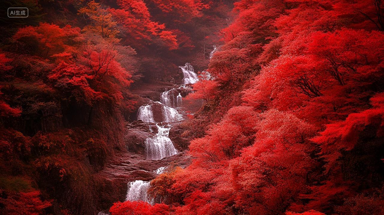 枫叶瀑布深秋红枫林山间流水溪流泉水风景