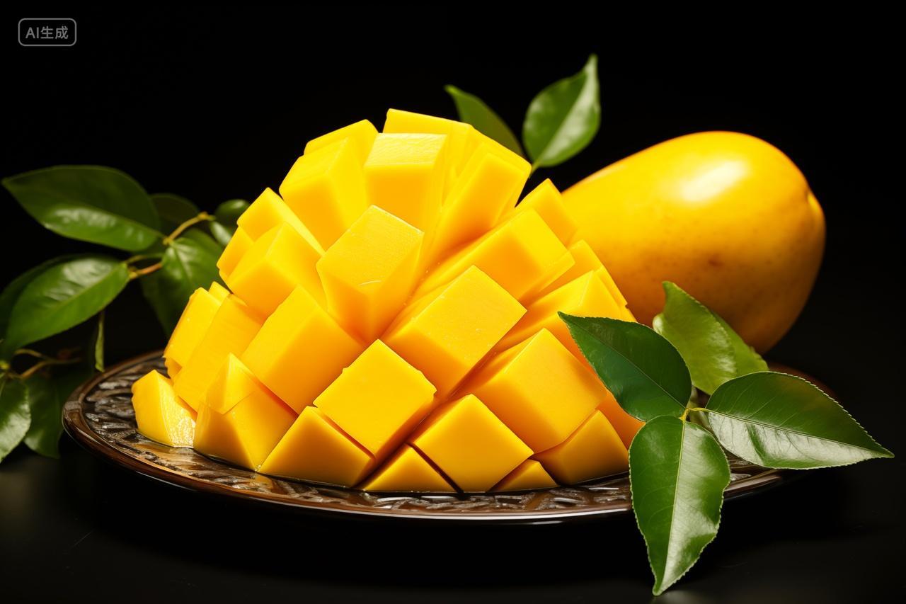桌子上摆放的一盘切开的芒果水果