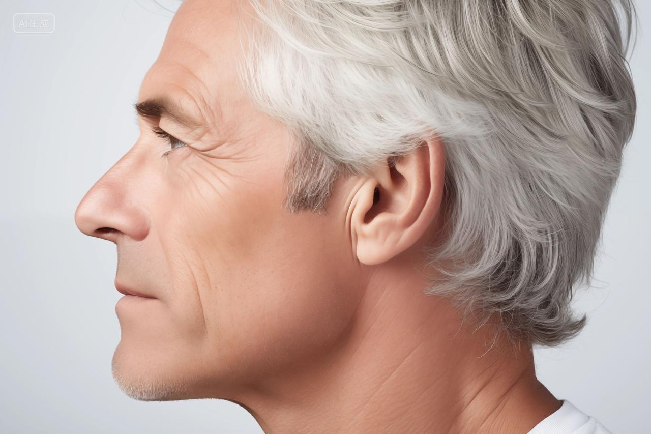 男士侧面展示满头的白发