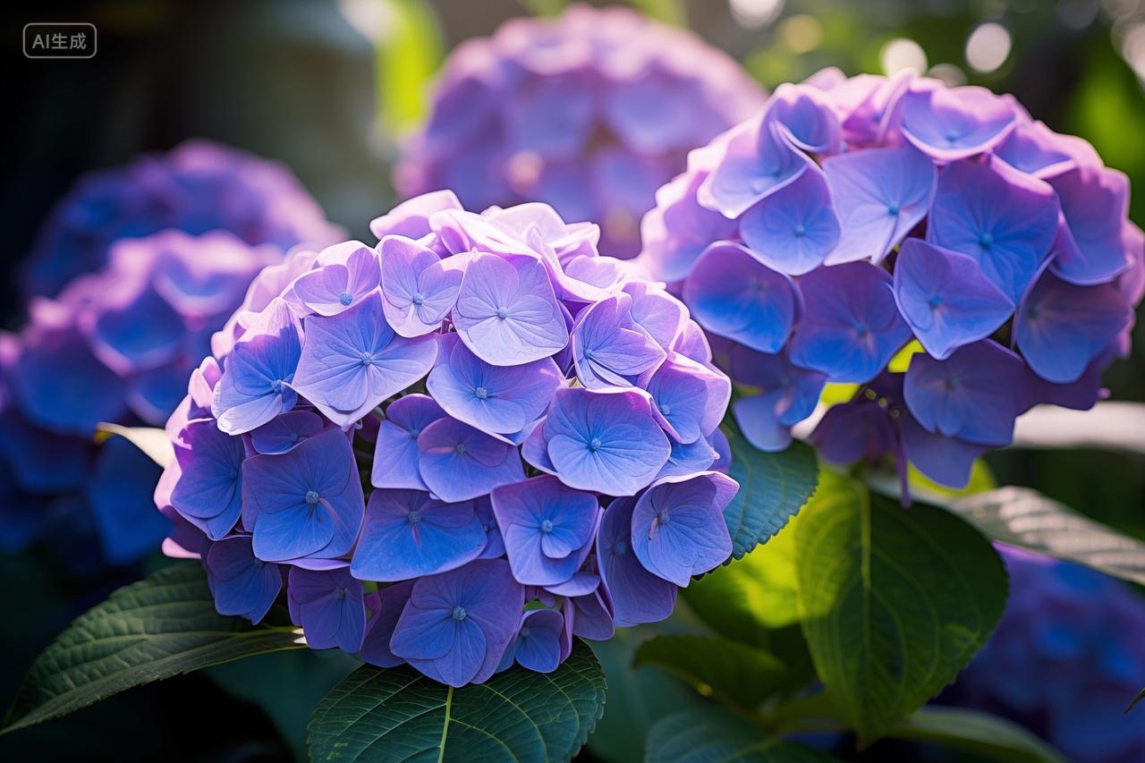 阳光下盛开的紫色绣球花盆栽绿植特写