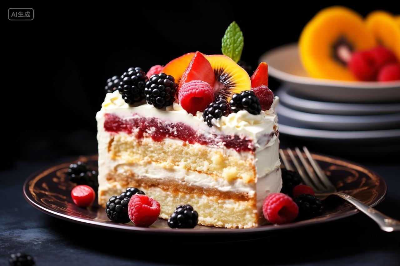 一碟美味的水果奶油蛋糕生日蛋糕美食特写