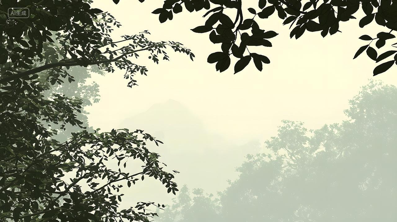 雾蒙蒙早晨宁静森林轮廓