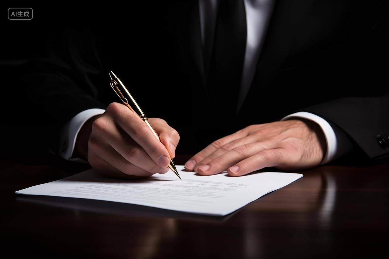 商务男士用钢笔在文件上书写