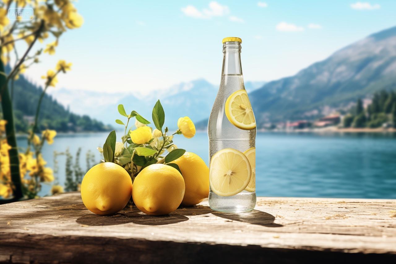 清新夏日柠檬水湖泊背景柠檬饮料