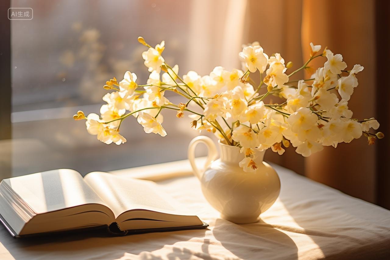 阳光下的白花花瓶插花居家生活