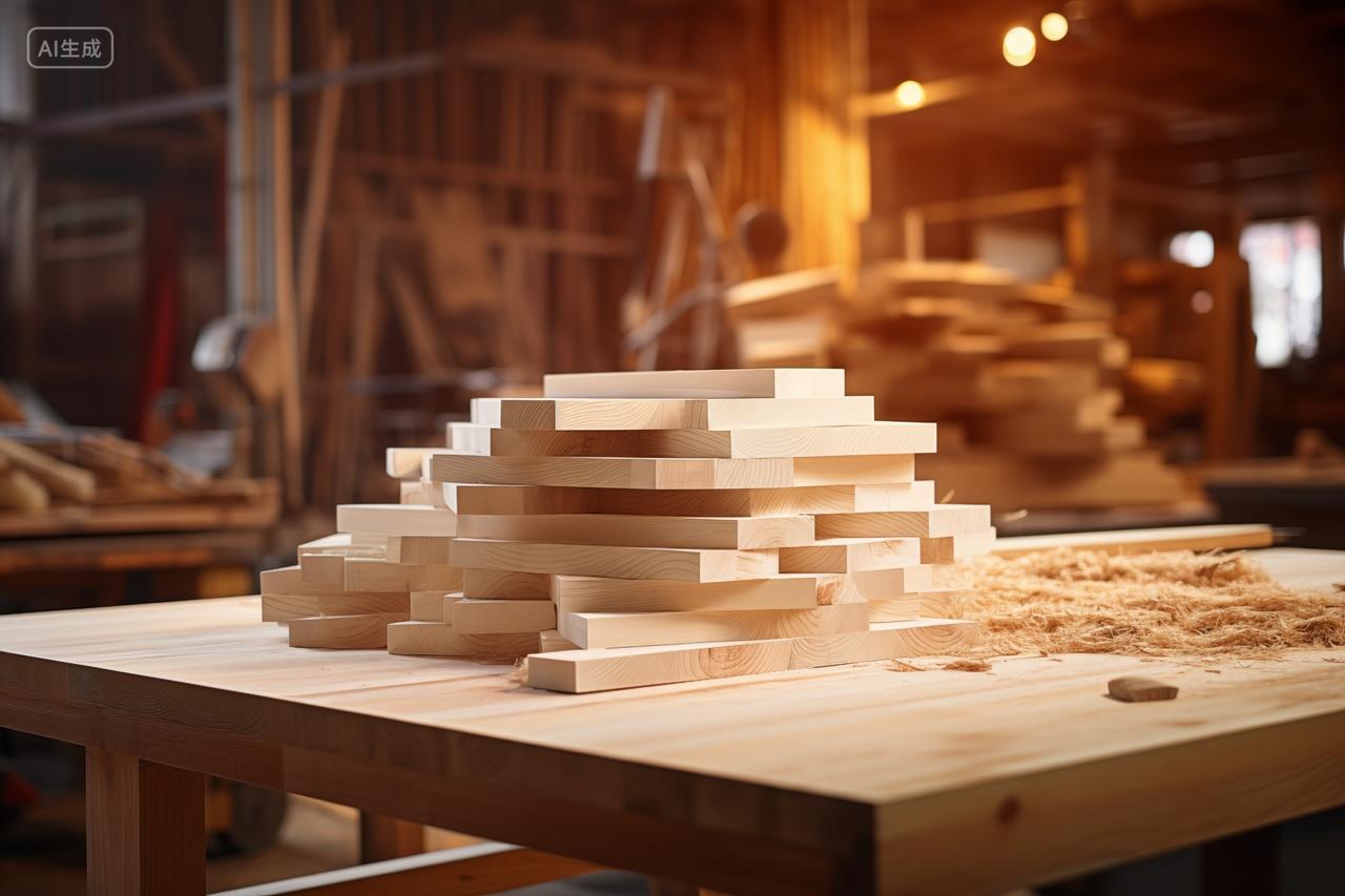 厂房桌子上堆砌的木块木料