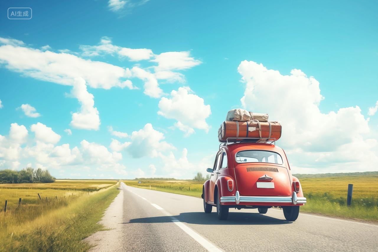 蓝天白云下一辆红色小汽车行驶在道路上