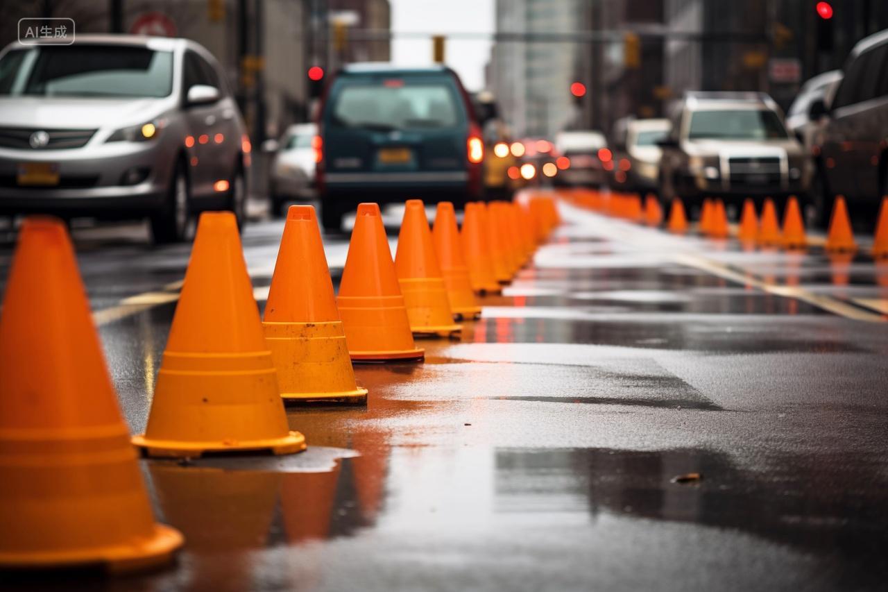 下雨天路面上行驶的汽车和摆放的路障