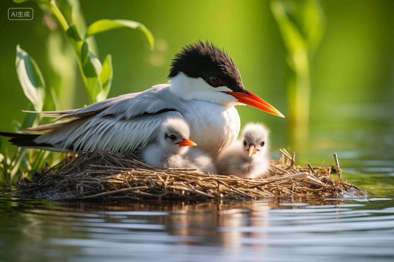 湖上鸟巢中的鸟妈妈带着两只幼鸟野生动物