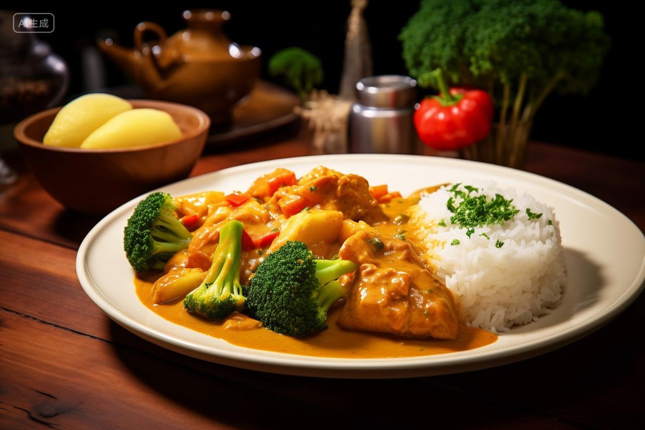 咖喱鸡肉配米饭和西兰花餐饮美食