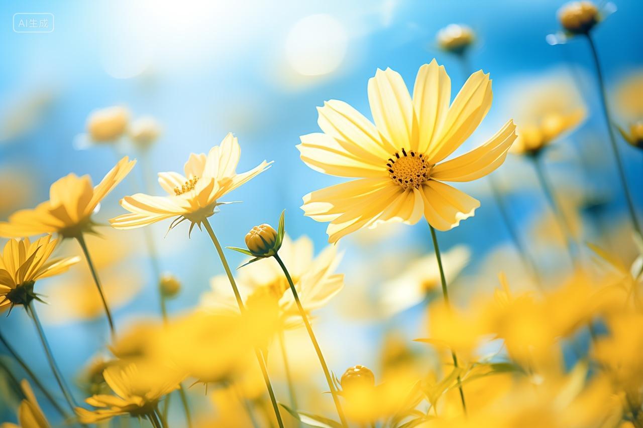 阳光下盛开的黄色小野花唯美小清新背景