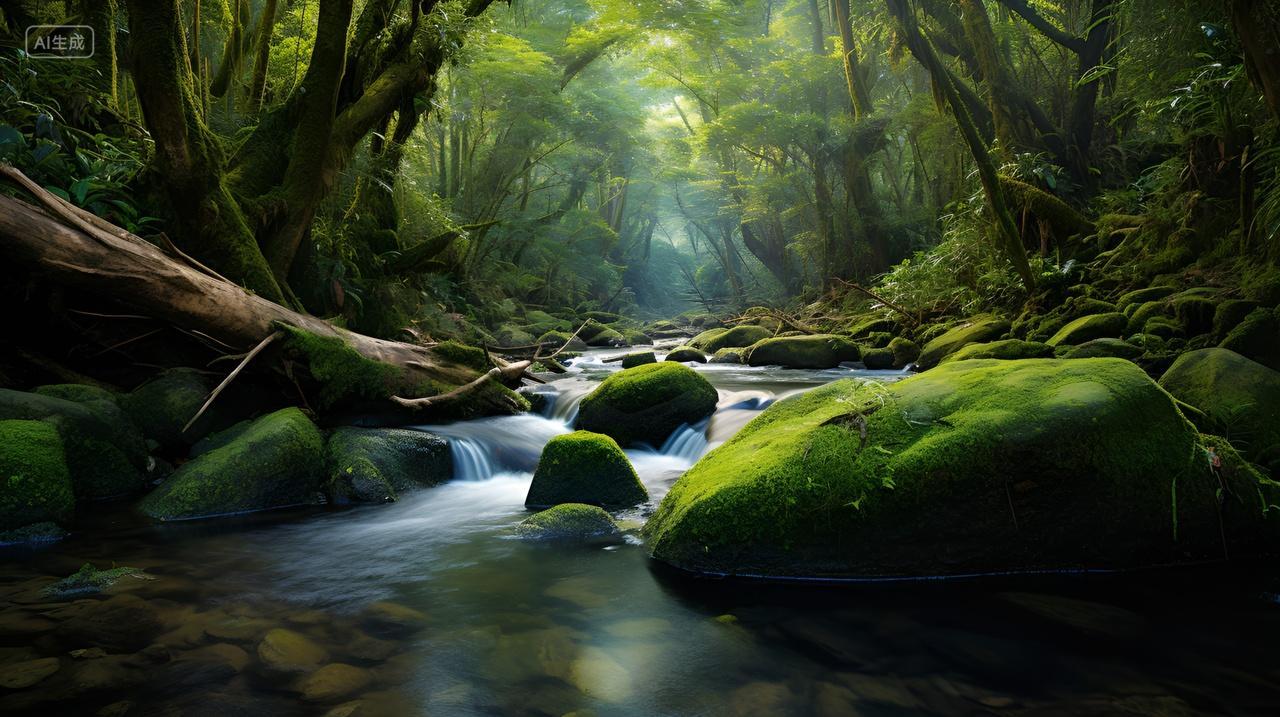 幽静的森林溪流绿色安静唯美