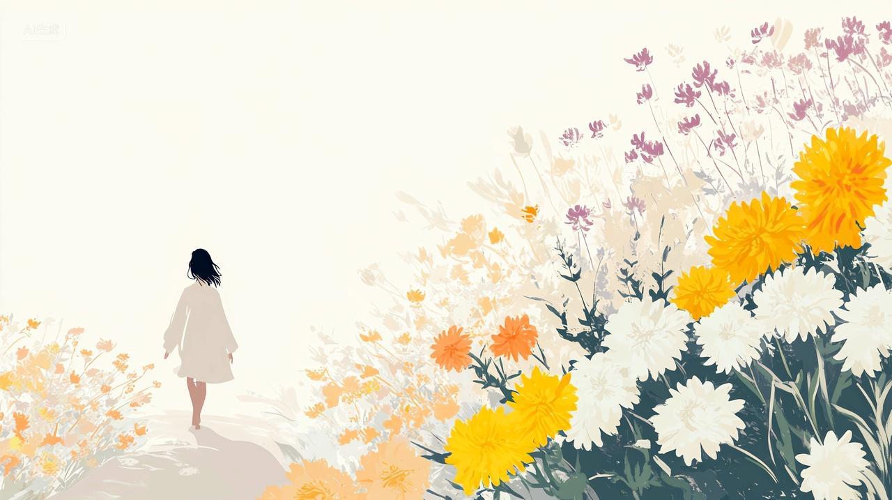 山间小径菊香伴我行重阳节登山背影插画
