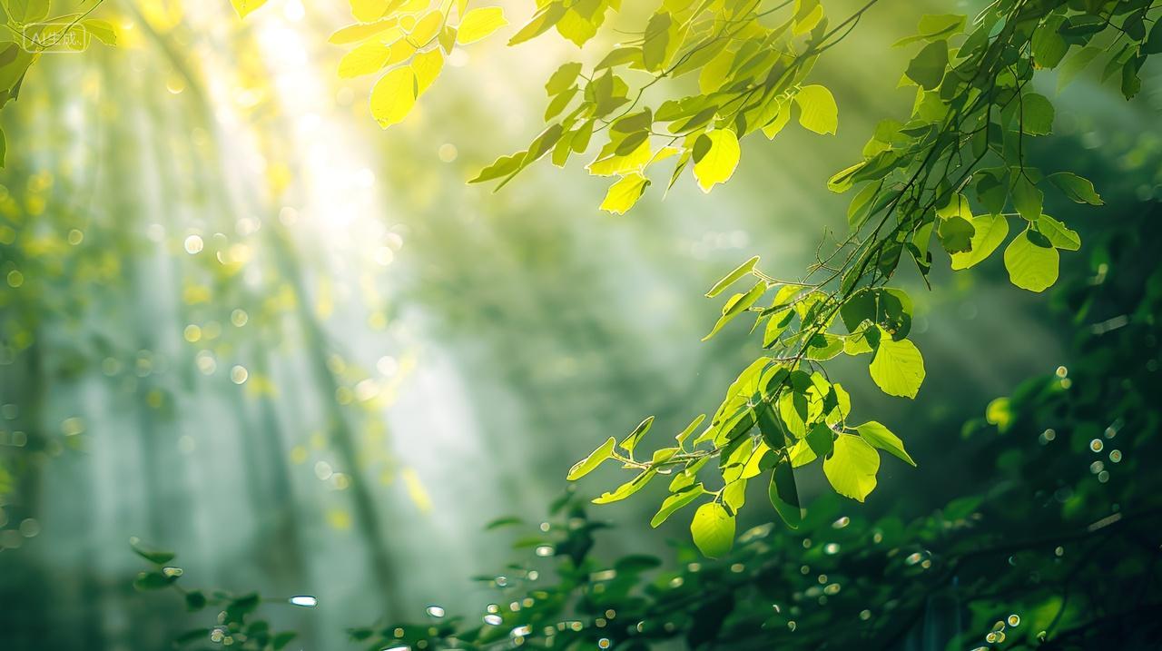 阳光透过树叶森林光束丁达尔光绿叶树木壁纸