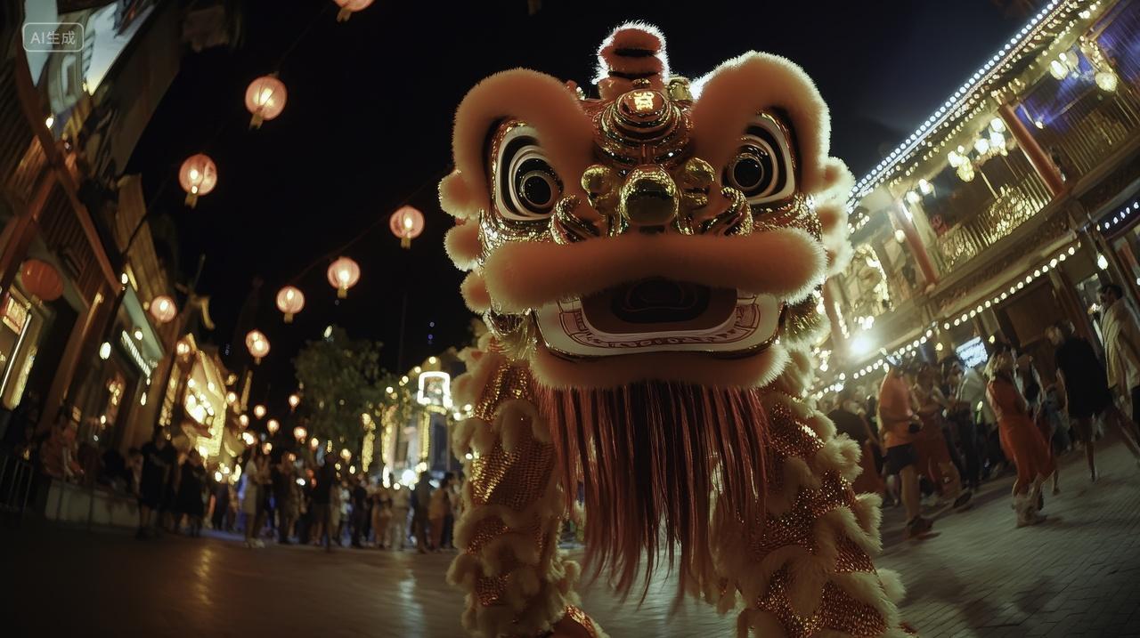 街道夜晚舞狮巡游热闹