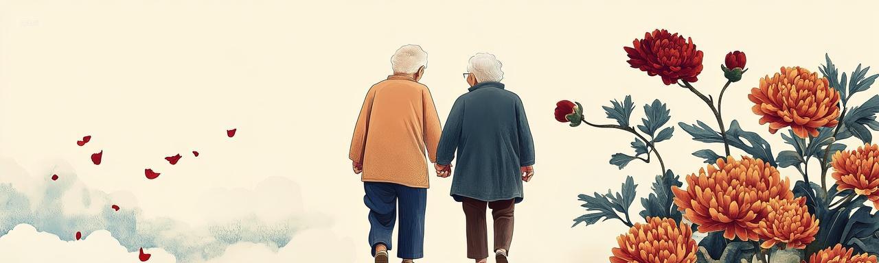 一对老年人牵手的背影重阳节背景