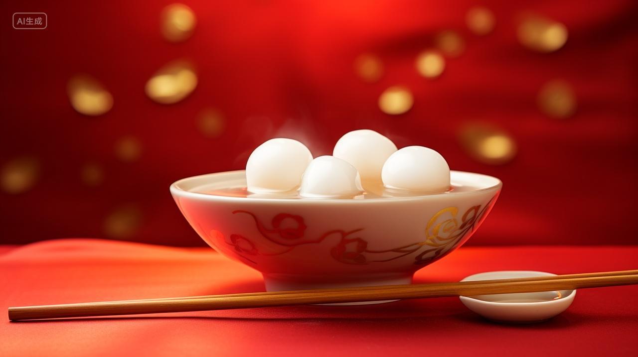 元宵节金色瓷碗中白色圆润元宵诱人温馨美食素材插画