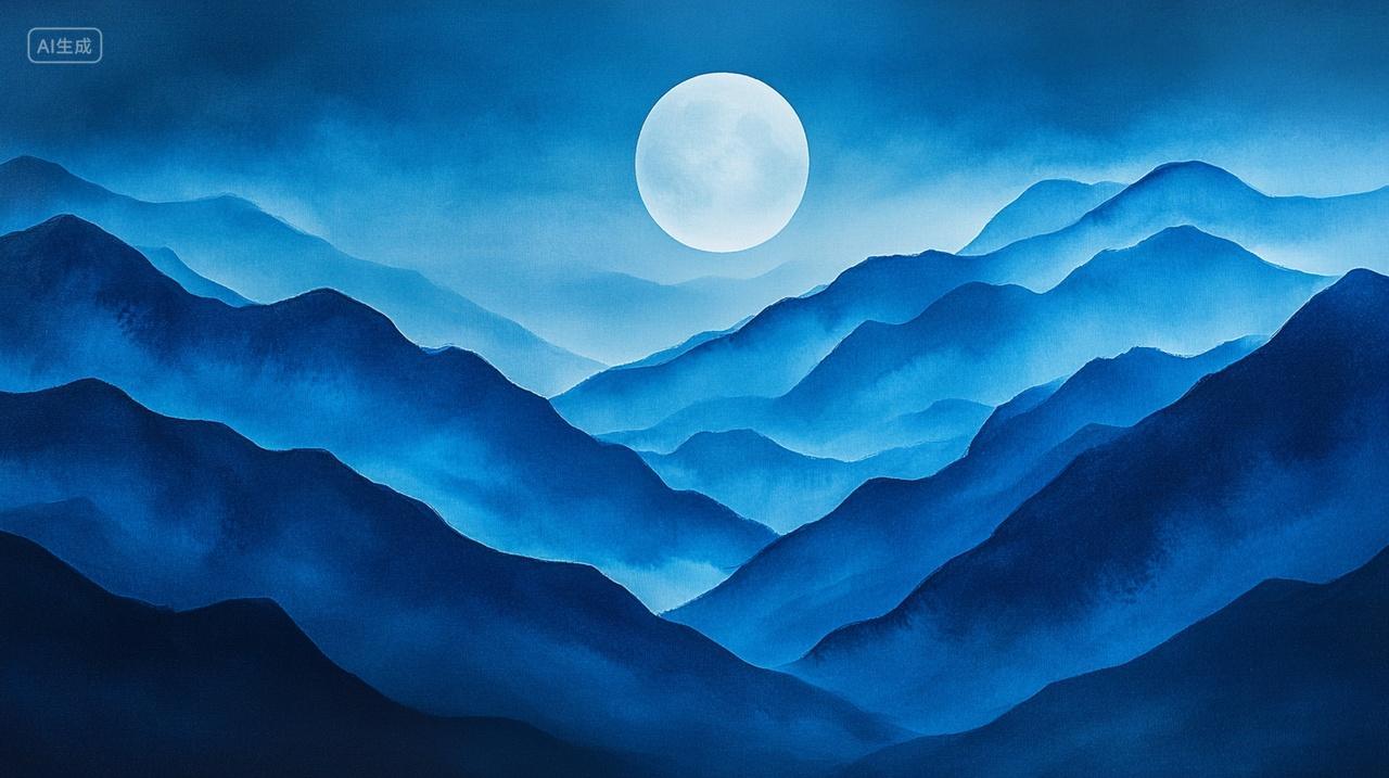 中秋节洁白月亮山脉连绵云雾缭绕宁静立秋秋季秋天秋分素材插画