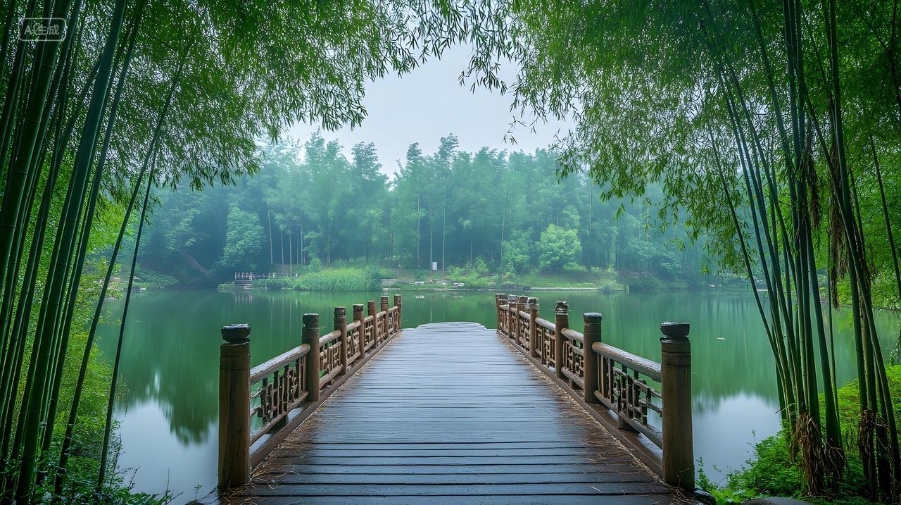 湖中竹林栈道风景