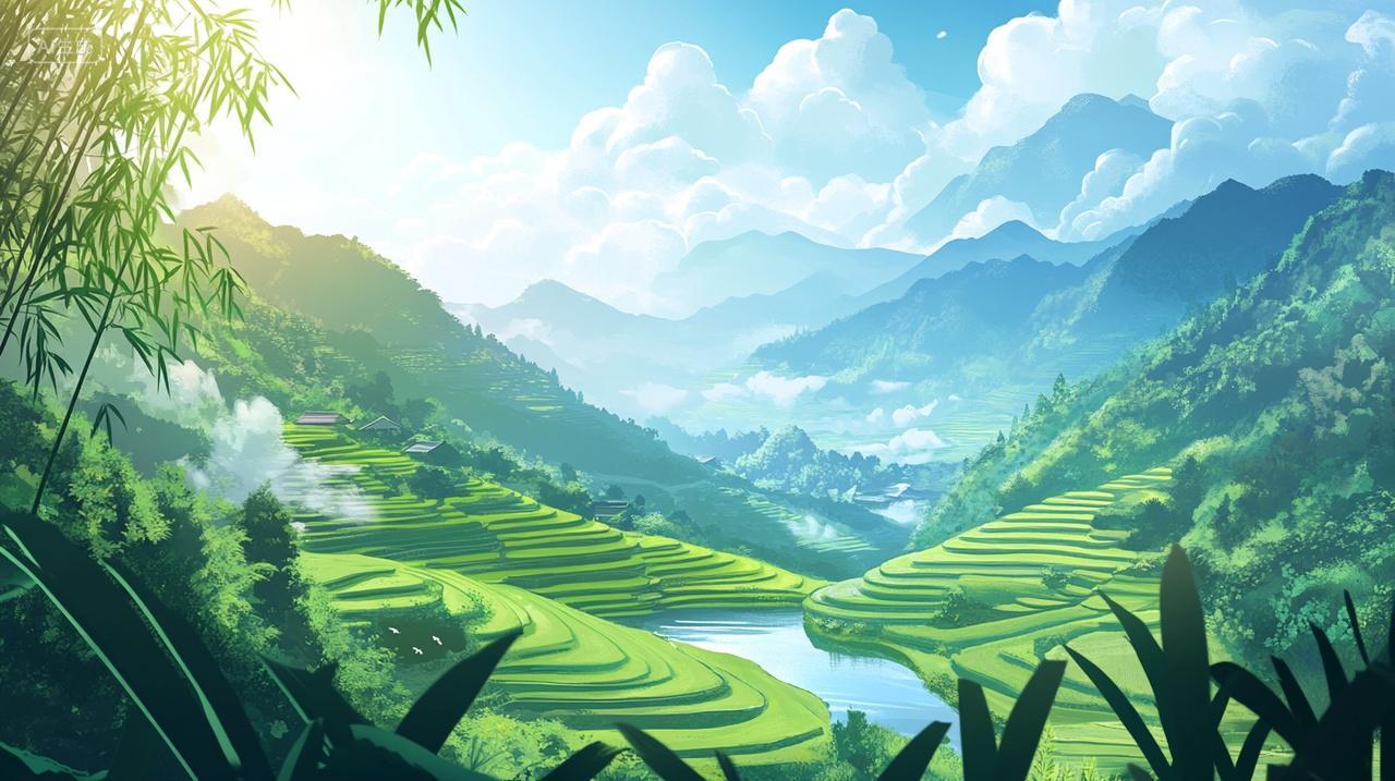 秋季稻田晴朗天空白云飘浮绿山环绕远山背景立秋秋天秋分素材插画