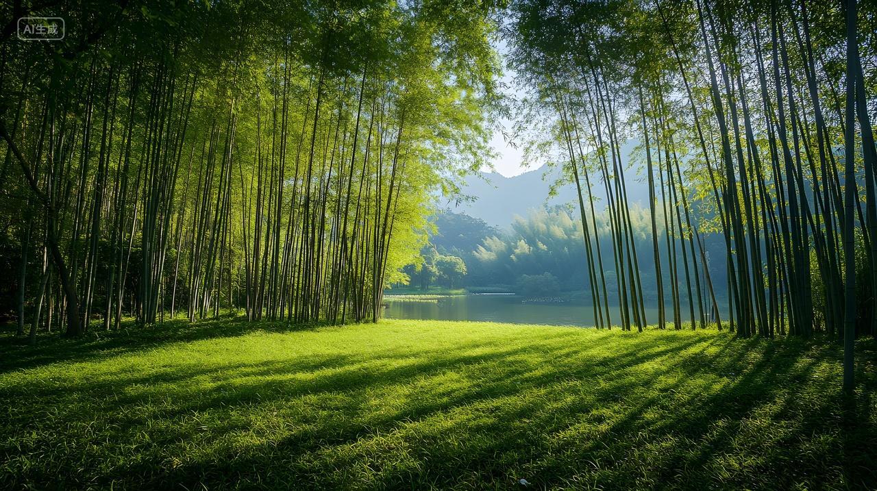 湖边竹林绿地晨光自然风景