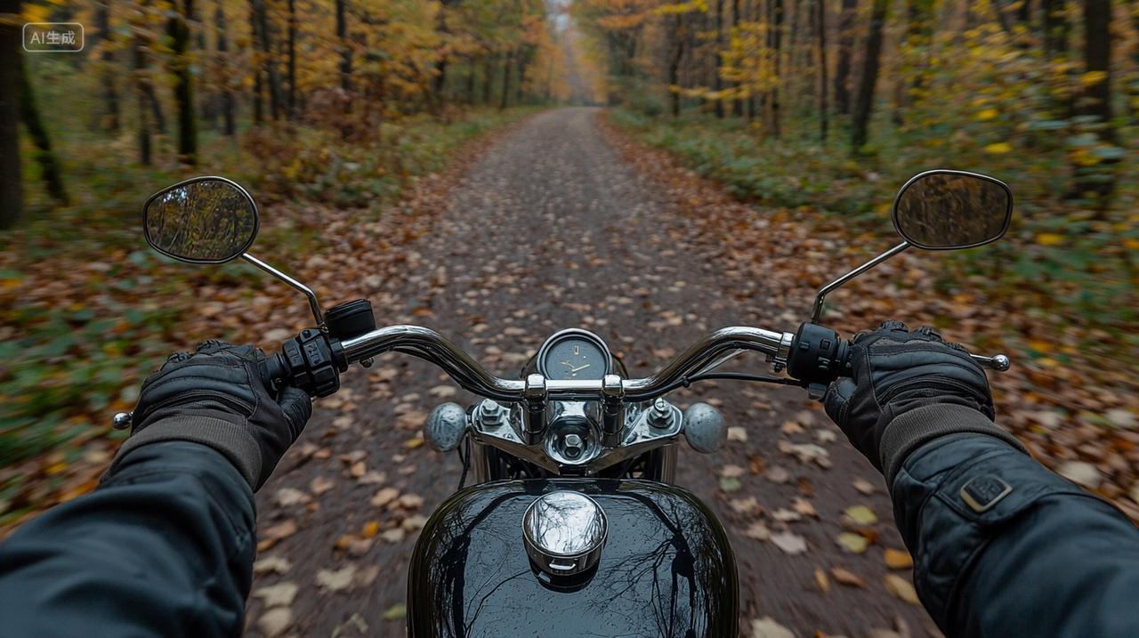 森林中的摩托车骑行视角