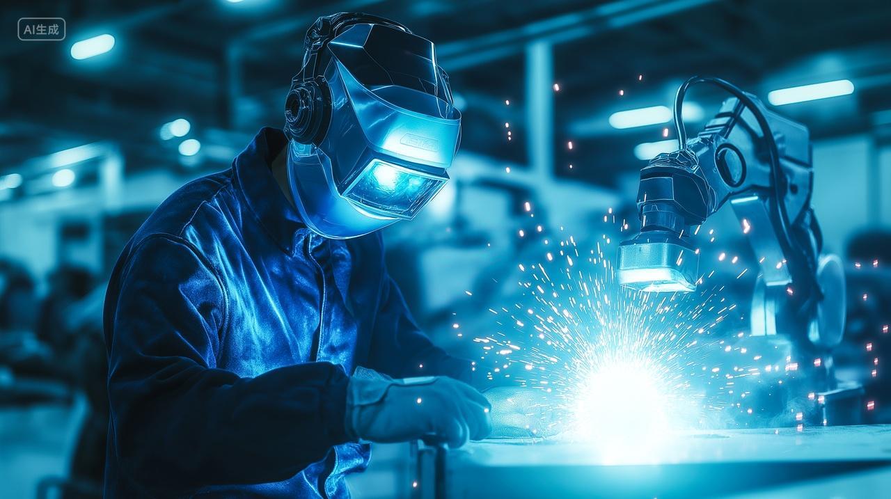 工厂车间工人戴面具电焊