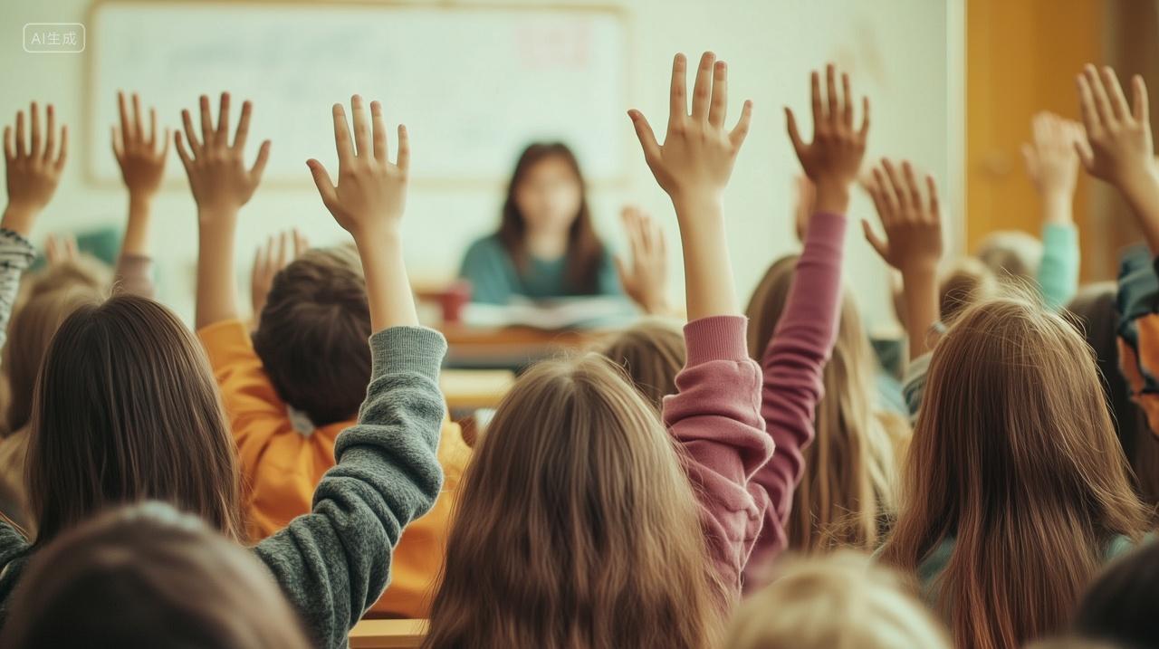 教室举手回答问题的学生小学教育