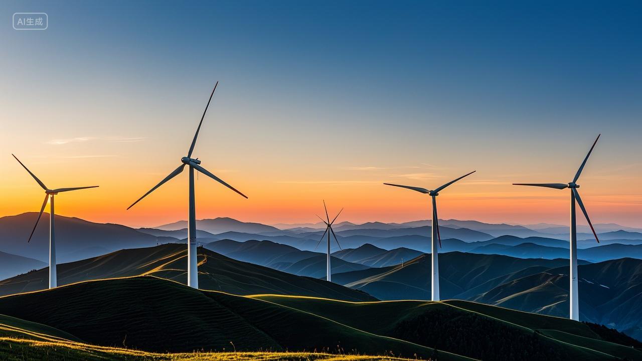 傍晚落日余晖风车新能源风力发电