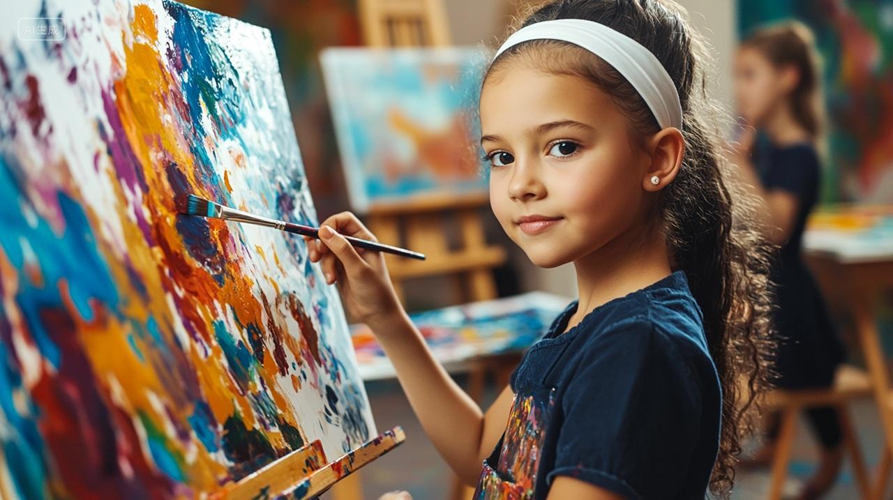 画画培训教育小女孩上美术课画画