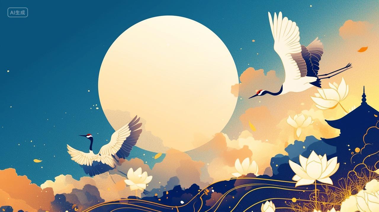 仙鹤荷花月亮中国传统节日中秋节插画背景