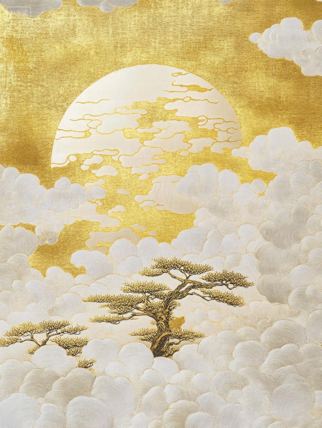 中式烫金月亮祥云松树中秋节背景