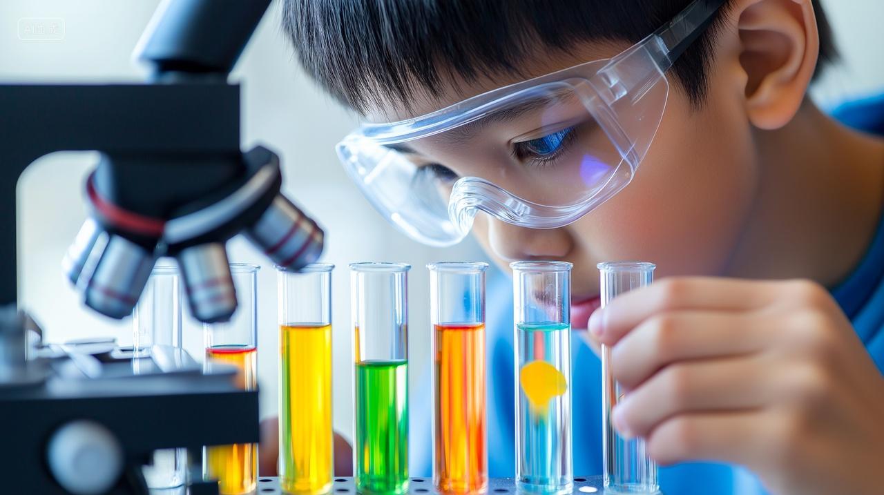 戴护目镜的男孩在实验室使用显微镜观察液体儿童教育