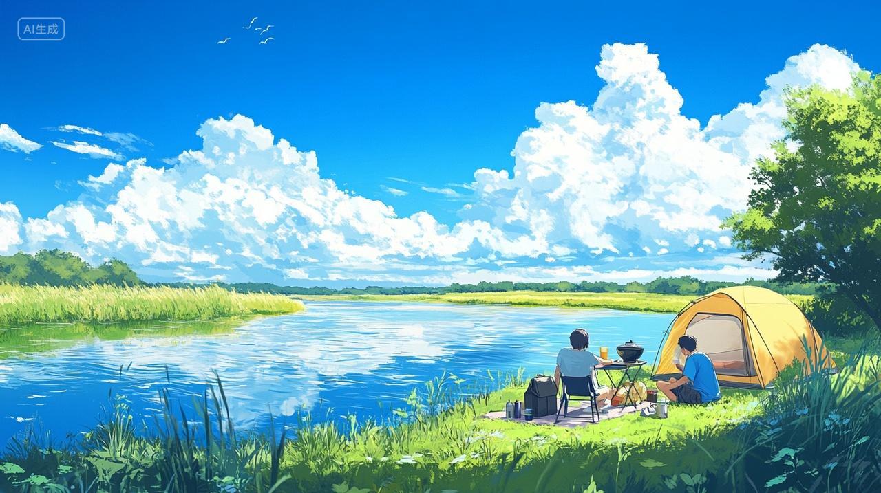 夏天户外露营河边烧烤插画背景