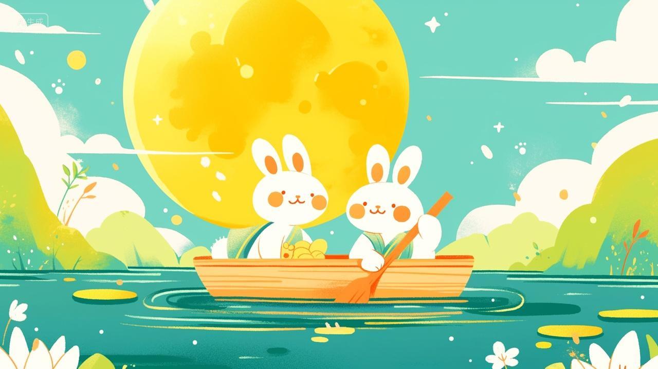 中国传统节日中秋节小兔子吃月饼划船赏月插画背景
