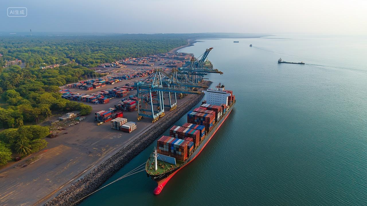 航拍港口集装箱码头装满集装箱的货船海运宣传