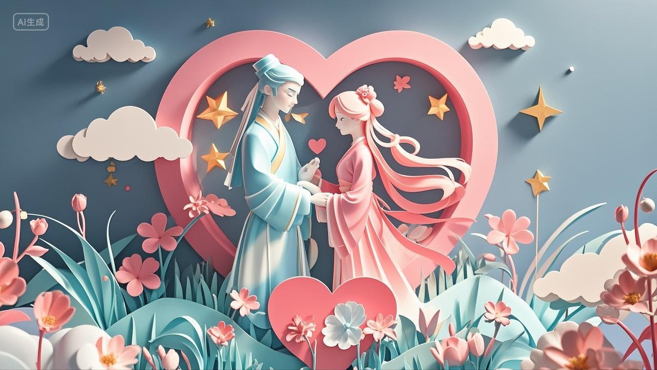 牛郎和织女粉红色爱心背景3D立体剪纸艺术七夕情人节520
