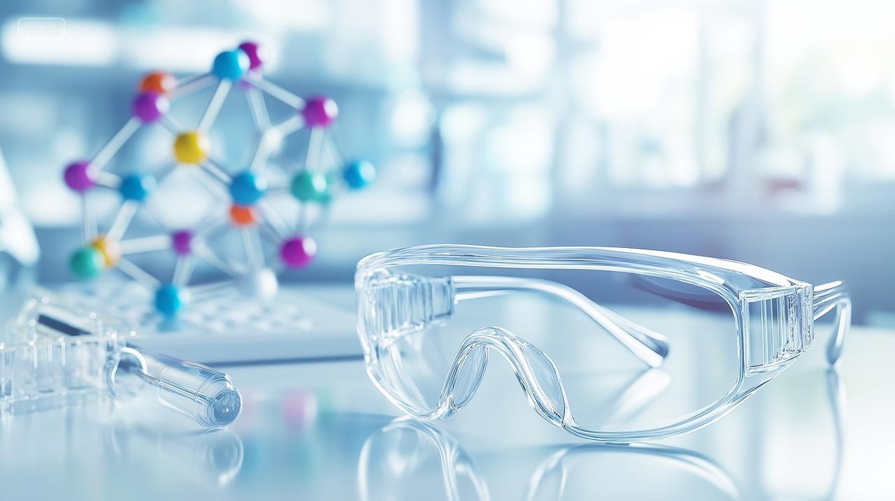 桌子上做实验用的护目镜特写医学用品