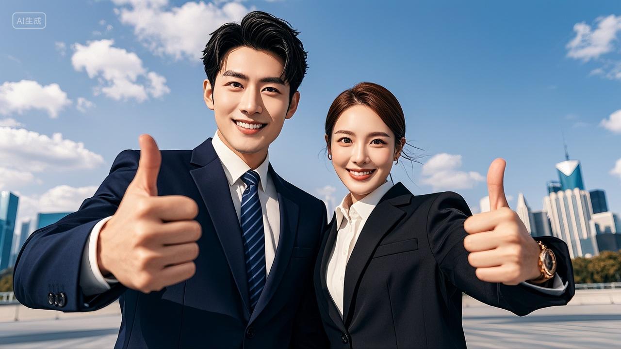 穿着正装的商务人士户外加油手势商务职场