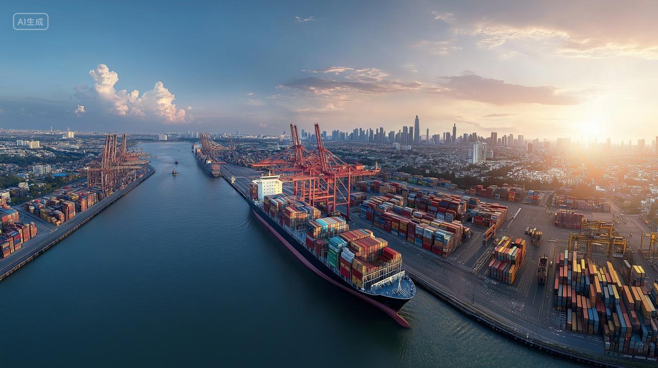 货轮轮船航行船队港口出港一带一路海上贸易海运背景