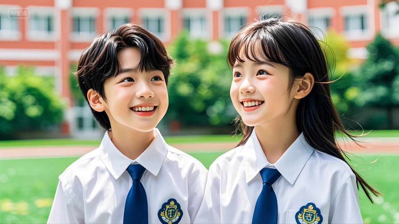 校园里两个中国小学生面带微笑开学季校园生活