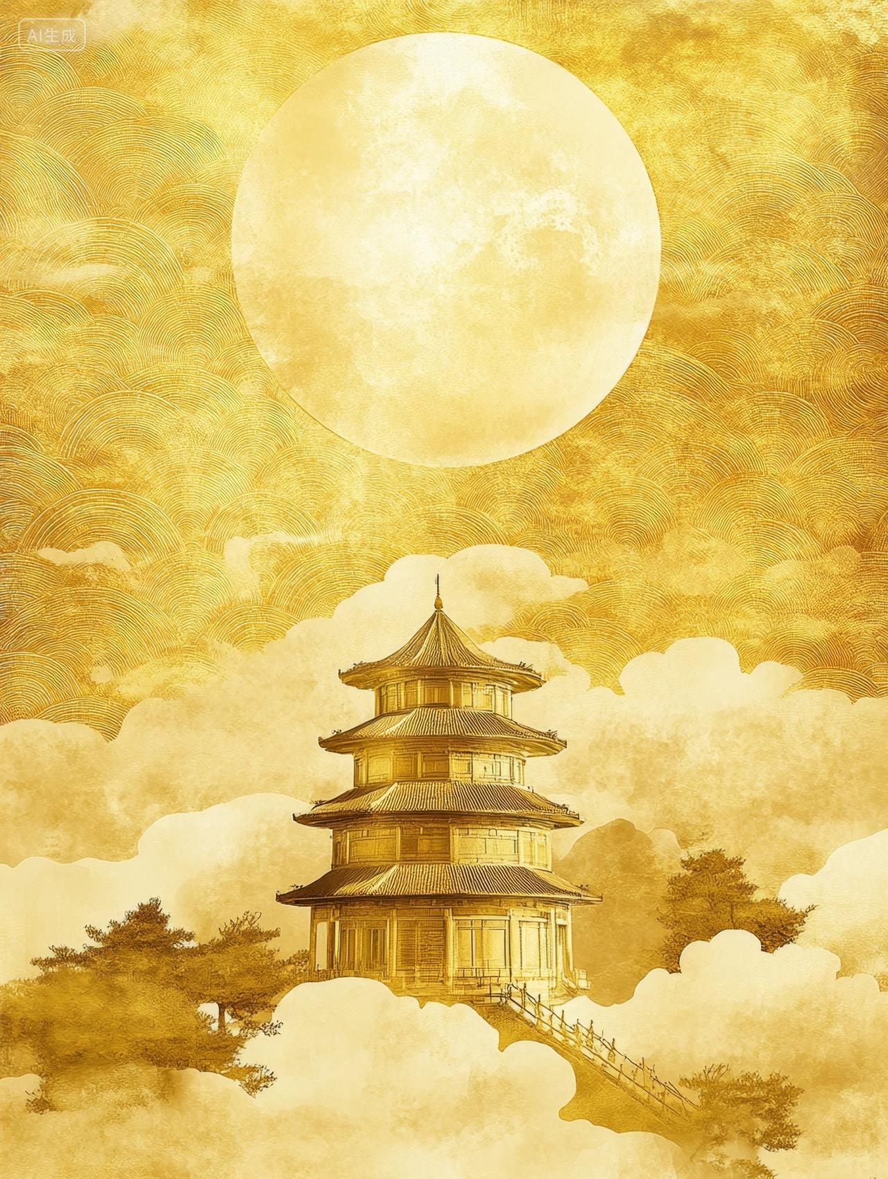 中式烫金月亮祥云古塔建筑中秋节背景