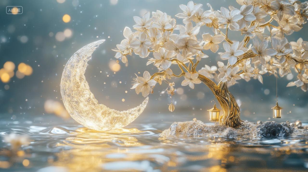 水晶弯月亮和桂花树中秋节