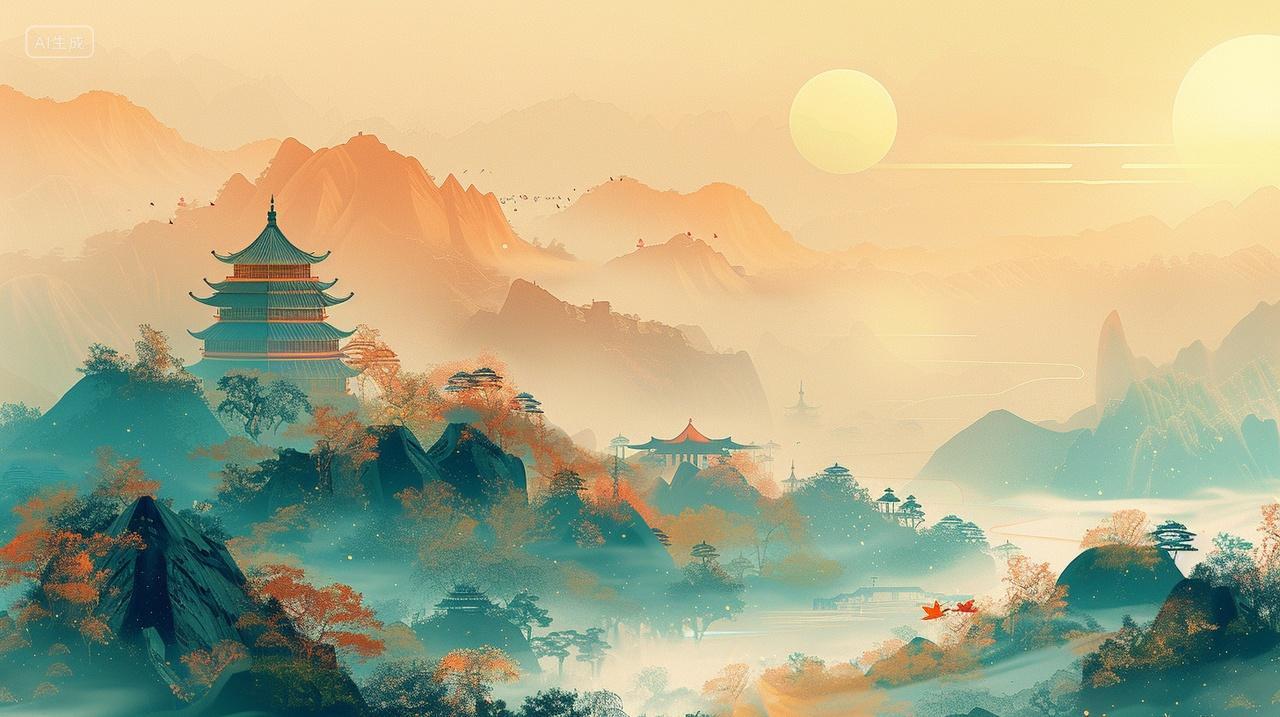 山水画渐变背景阳光照射山脉建筑树木温馨宁静浪漫秋季素材插画