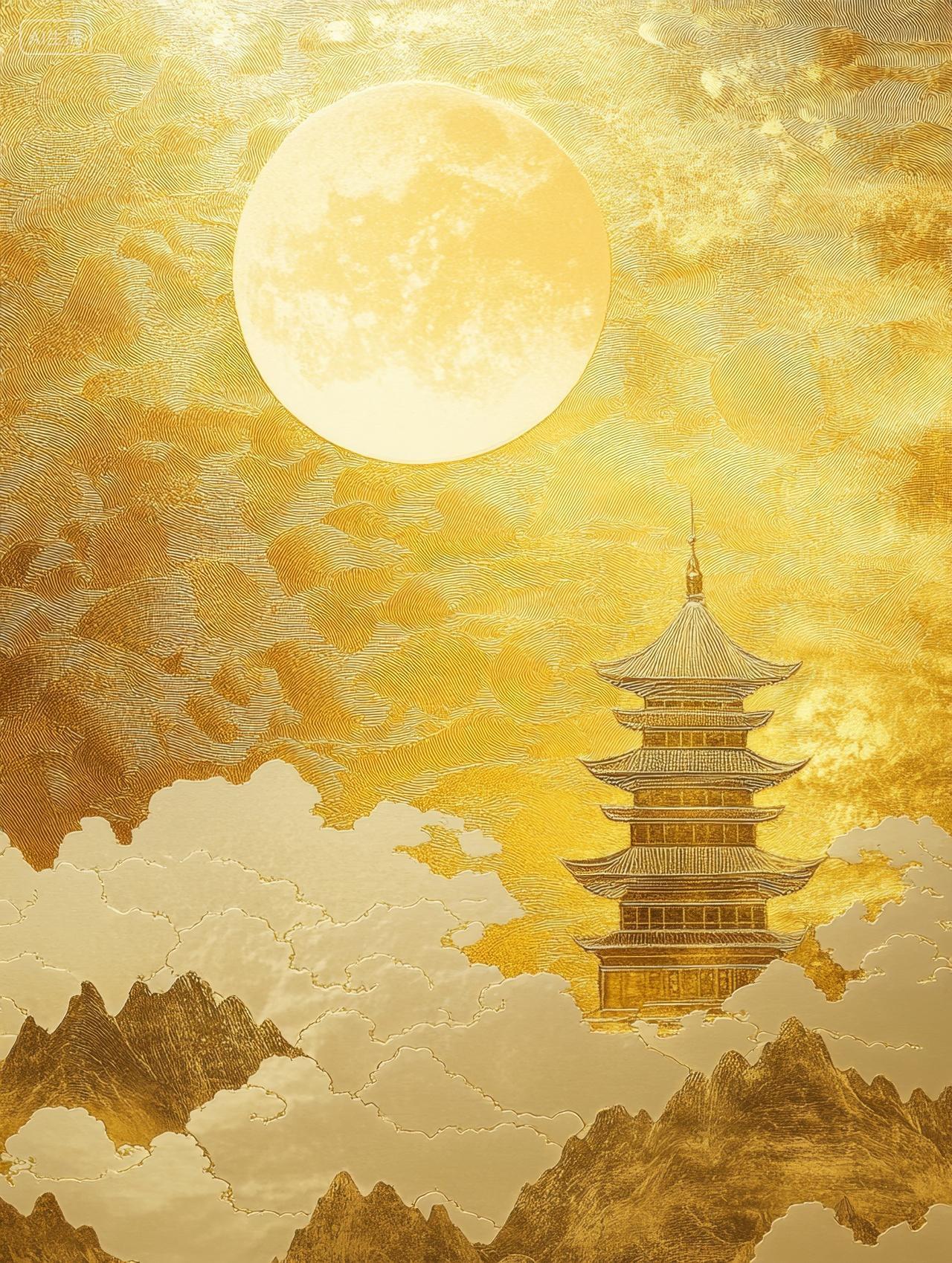 中式烫金月亮祥云云古塔建筑中秋节背景