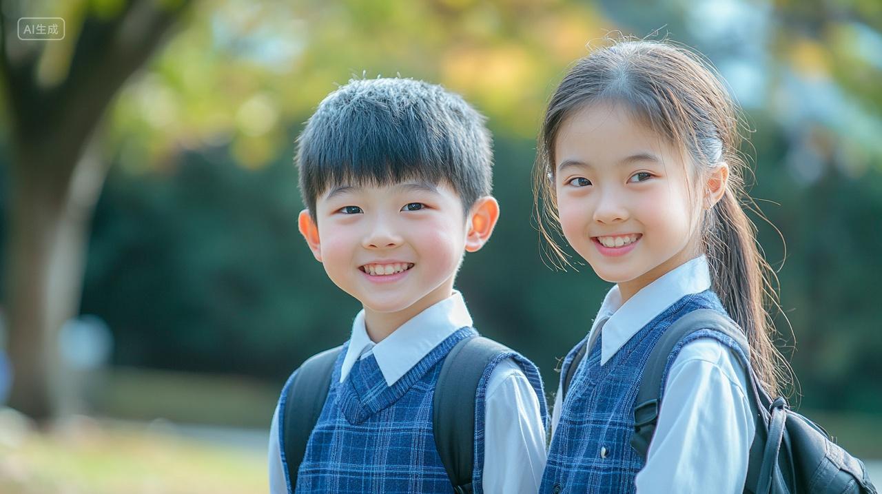 校园里两个中国小学生面带微笑开学季校园生活