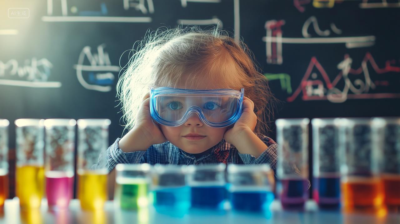 外国小女孩孩戴着护目镜观察化学实验变化儿童教育