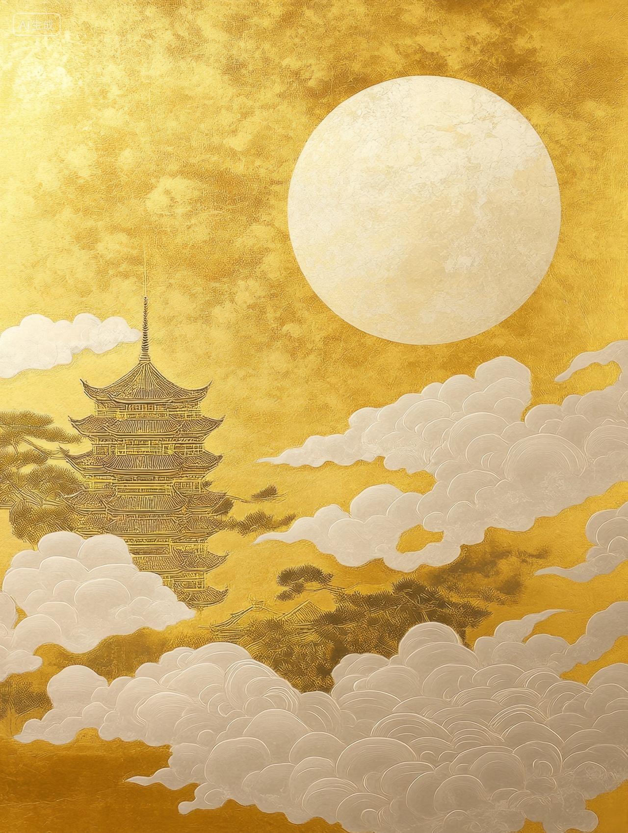 中式烫金月亮祥云古塔建筑