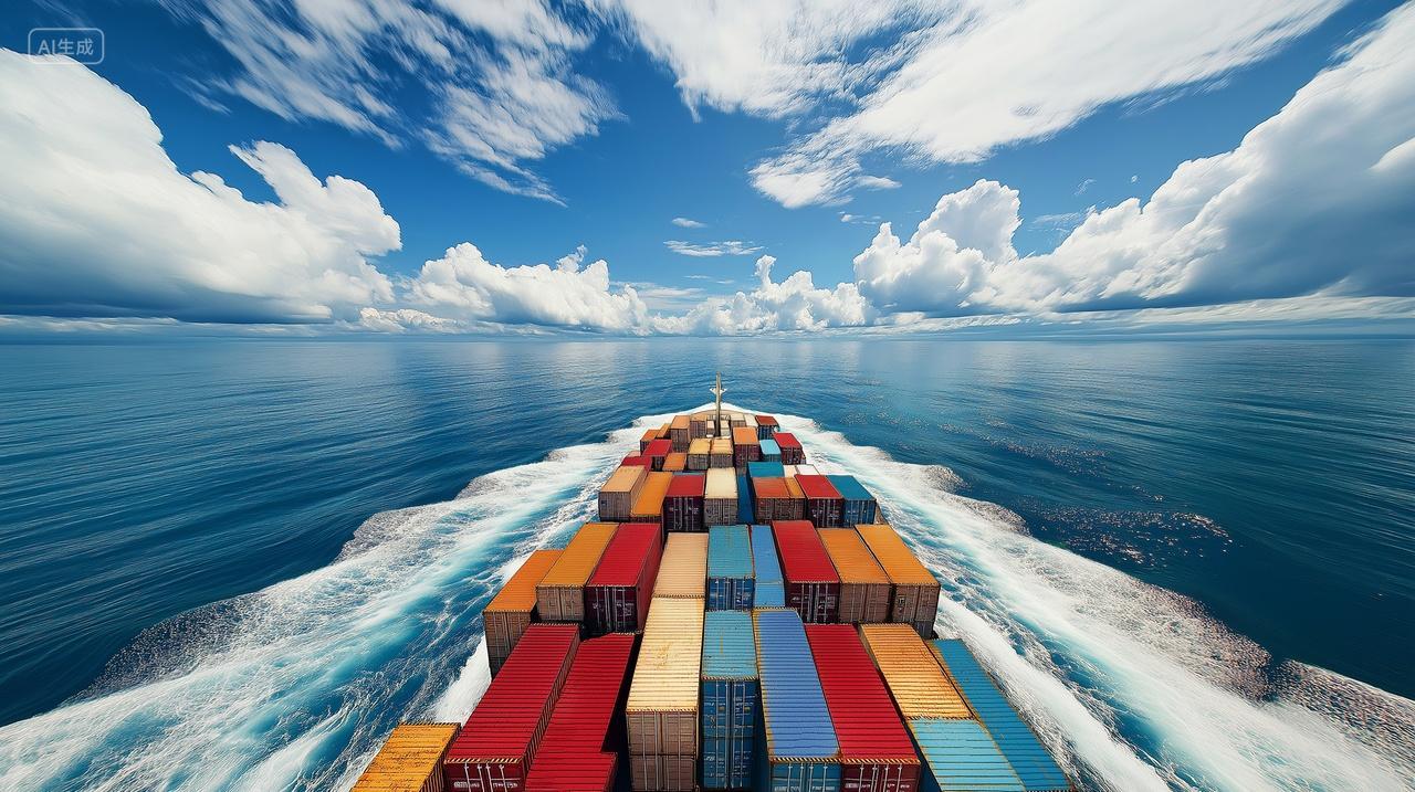 蓝天白云装满集装箱的货船行驶在大海上海运宣传