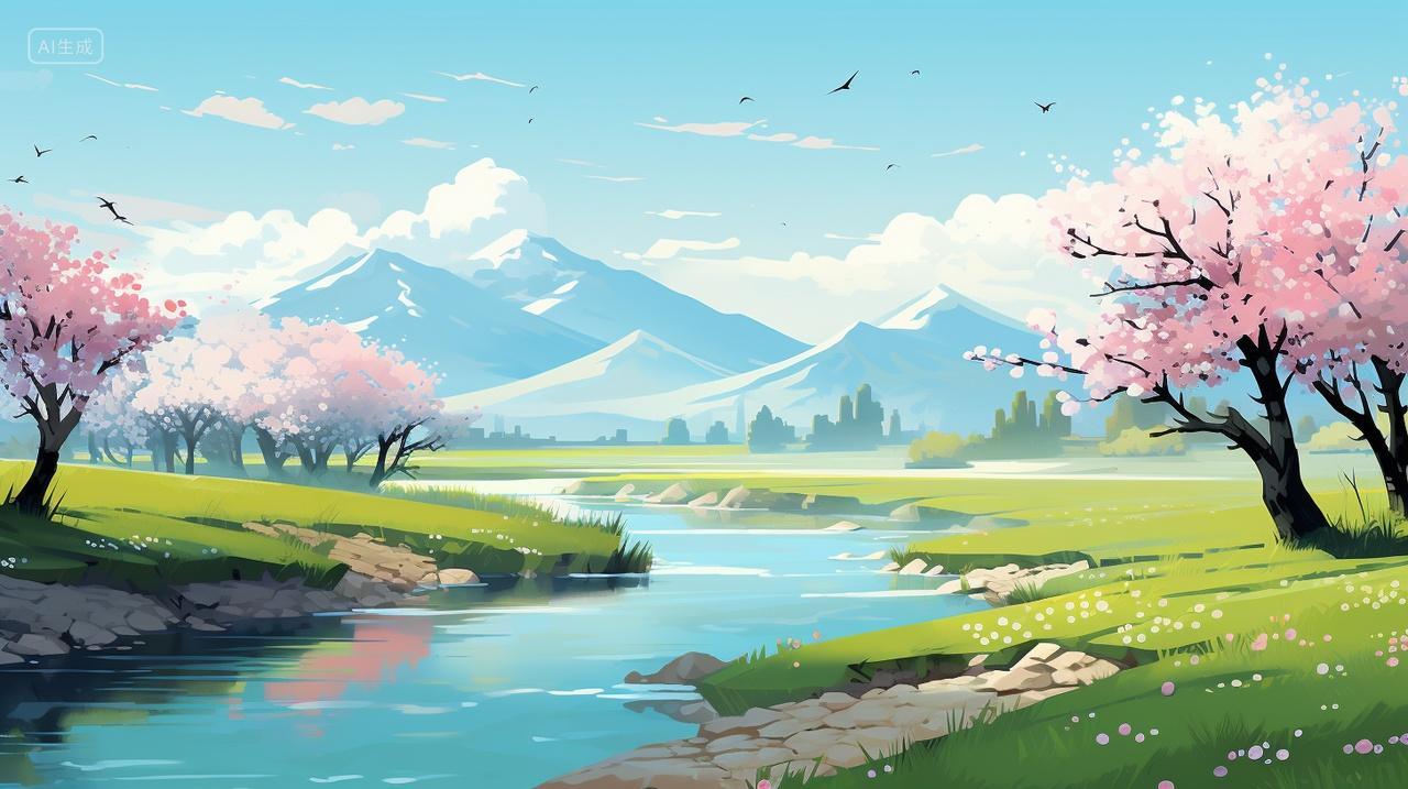 春天五彩缤纷世外桃源生机勃勃美丽春季立春素材插画